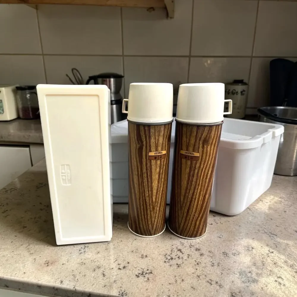 Vintage Thermos Set with Case Woodgrain Mid Century Picnic Thermos King Seeley